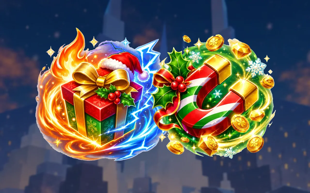 Two glowing buff orbs: a fiery gift and a wreath of gold coins