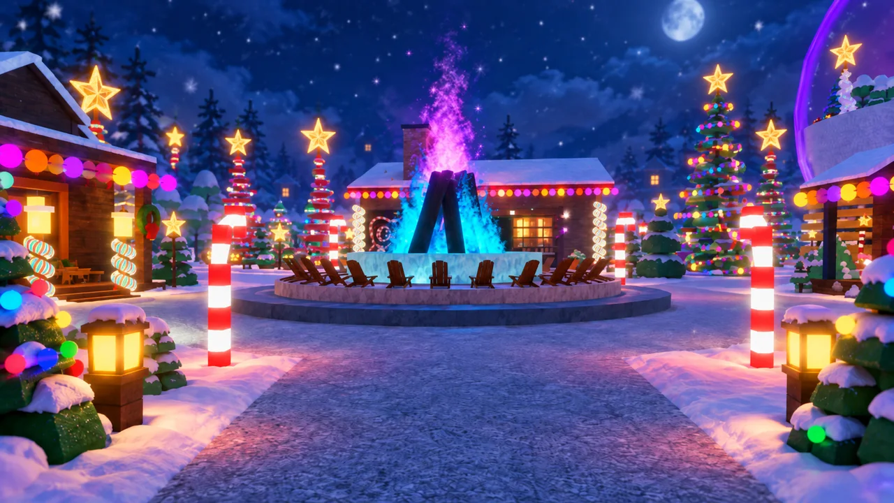 The Great Hearth blazing blue in the village plaza at night