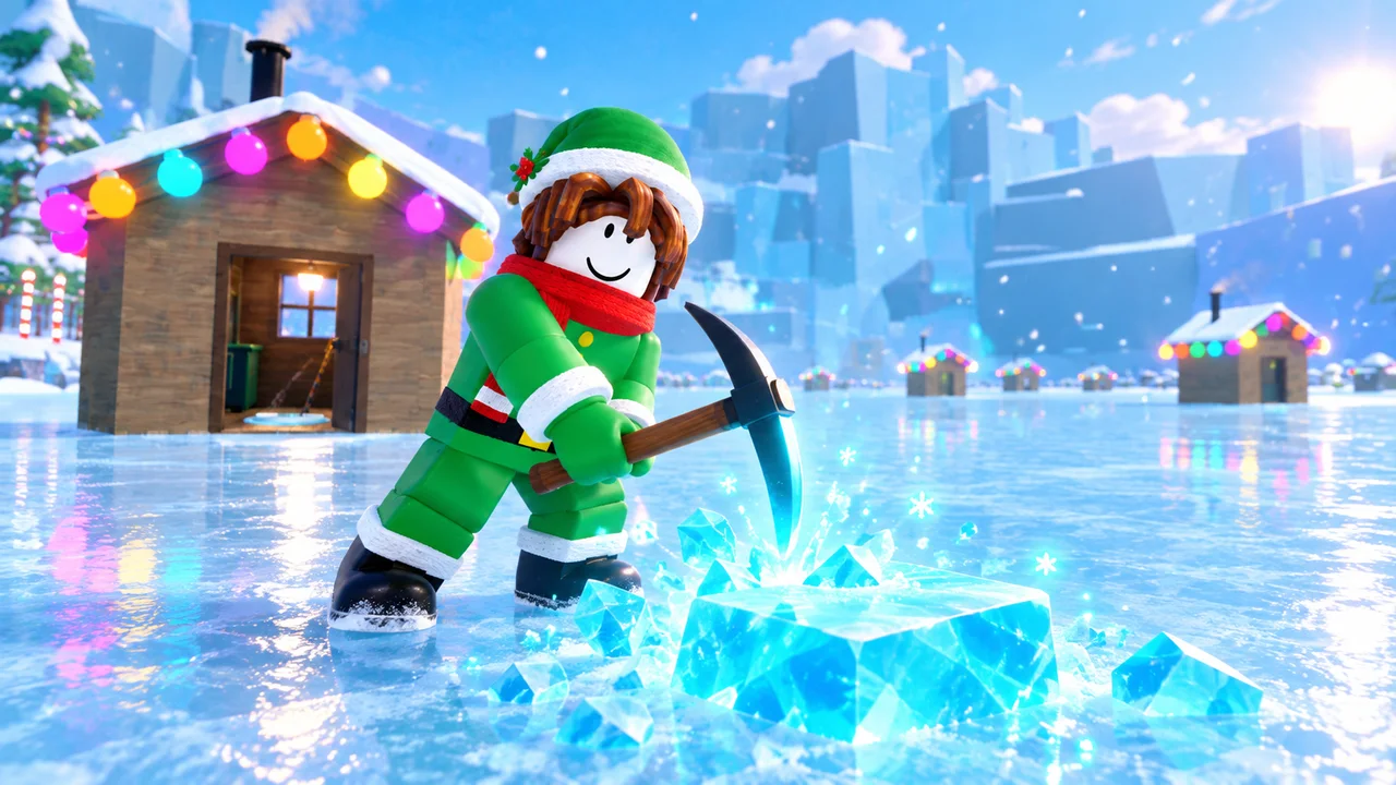 An elf swinging a pickaxe at glowing ice on the frozen lake