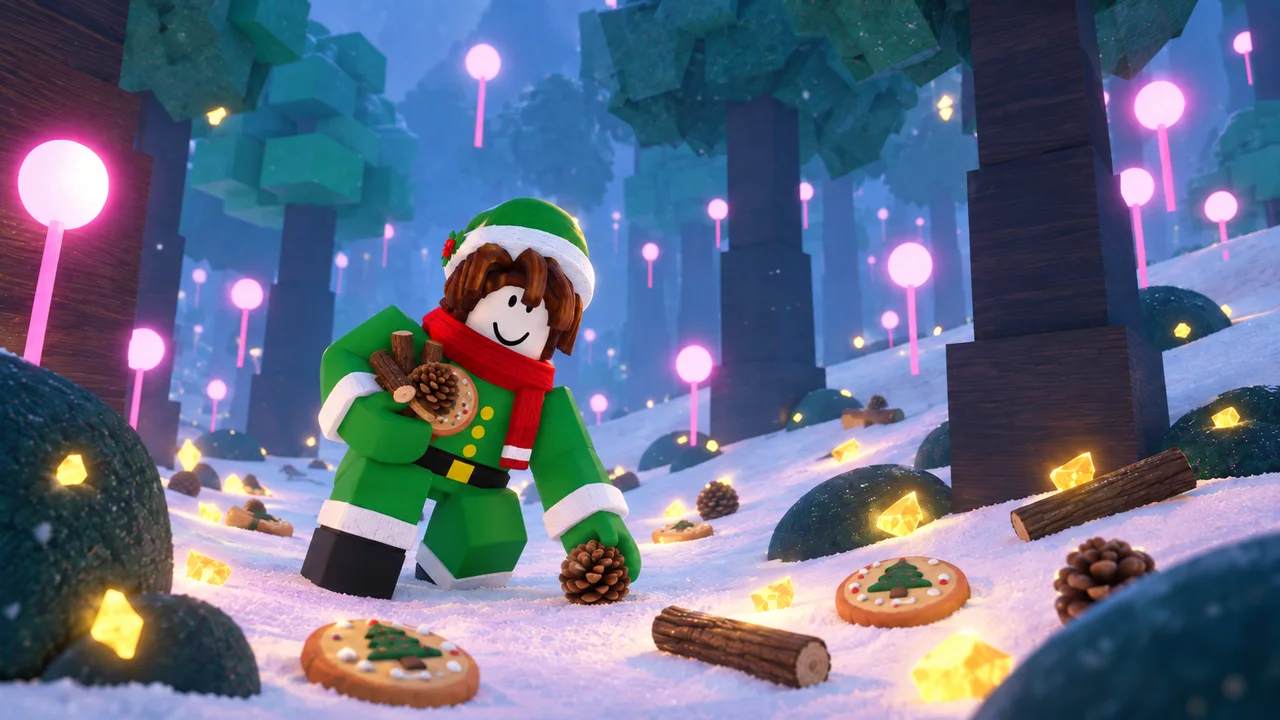 An elf gathering pinecones and Forest Cookies among glowing sap trees